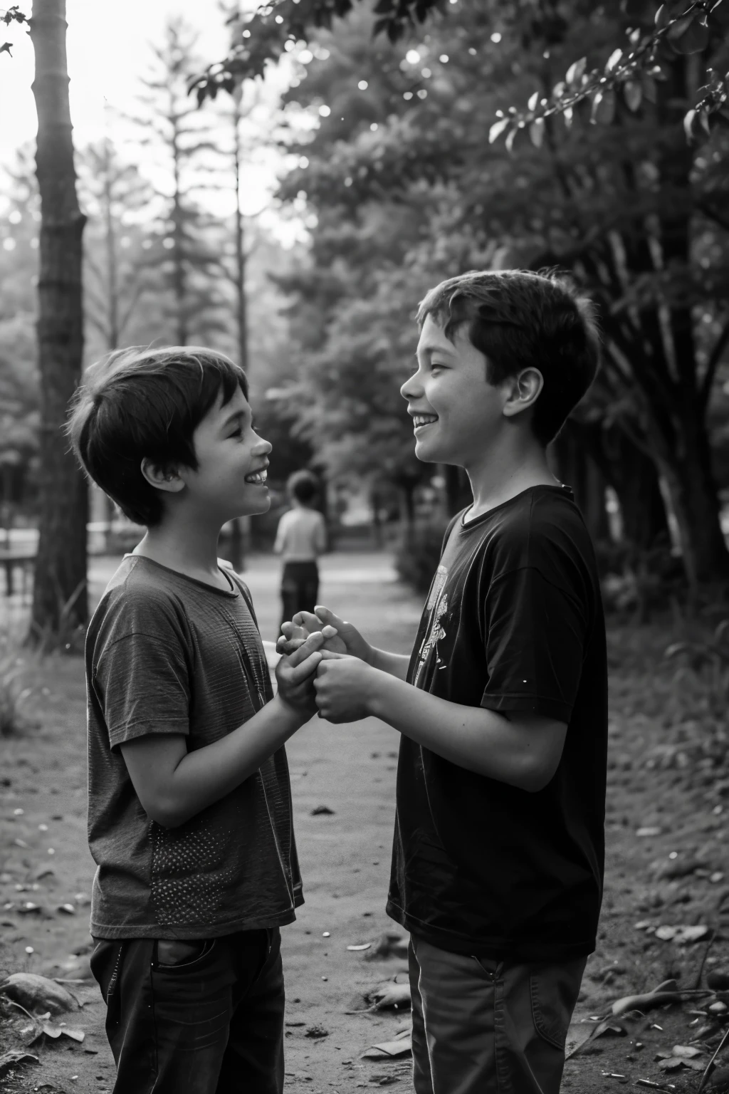 Two hummingbirds watching over a boy playing in the forest make the boy look happy and have the image be black and white