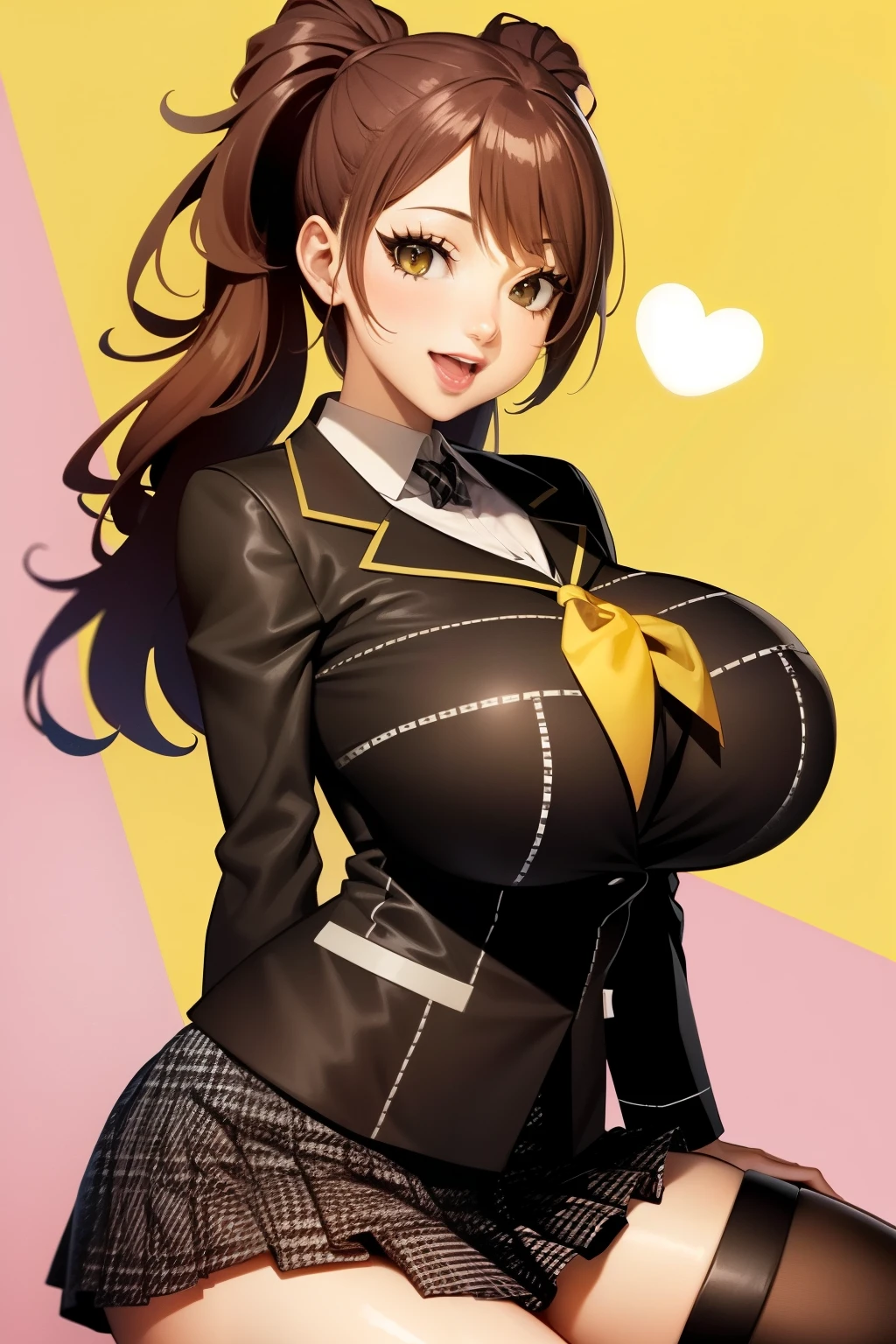 ,1 girl,solo,risekujikawa,smile,school uniform,yellow neckerchief,black blazer,black plaid skirt,black thigh highs,(huge breasts:1.4),open mouth