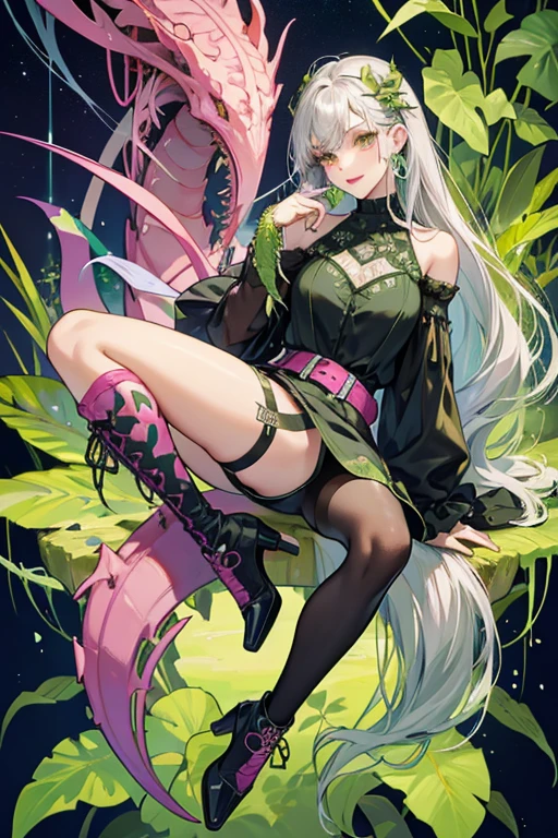 Venus has an hourglass body. Being a plant monster, she has green skin, leaf-shaped ears, multiple teeth protruding from her mouth, and vines entangled around her legs. Her hair is a vibrant shade of pink, with streaks of green running through it, styled in loc twists. and she also has side cornrow braids. She has brown eyes, and dark green eyebrows and wears makeup consisting of eyeshadow, lipstick, and long nails pink in color. She also has a hairclip shaped like a green carnivorous plants with light pink flowers. Her outfit consists of silver spiked vines-shaped earrings, a silver spiked vine-shaped choker, a long-sleeved polyamide dot fabric green turtleneck shirt with many pink and purple spiked vines printed all over it, also a black top with many vines and the word "nature" in white printed on its own, denim tattoo shorts with hearts, vines, and the peace symbol printed on it, a silver belt with a green flower on it and a belt buckle with fangs on it. For footwear, she wears an ankle-length fishnet sock on her right leg, a long thorned black sock on her left leg, and high-heeled boots with a gradient of pink-to-silver, green vines and flowers entangled around them and green thorn-like teeth at the soles.