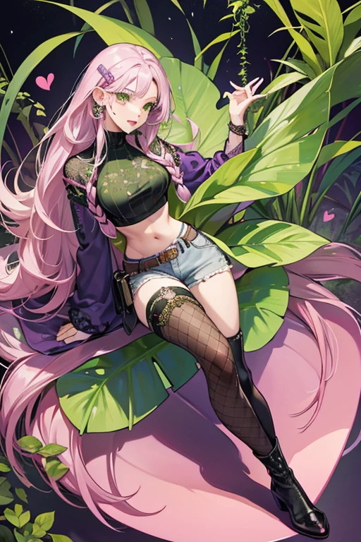 Venus has an hourglass body. Being a plant monster, she has green skin, leaf-shaped ears, multiple teeth protruding from her mouth, and vines entangled around her legs. Her hair is a vibrant shade of pink, with streaks of green running through it, styled in loc twists. and she also has side cornrow braids. She has brown eyes, and dark green eyebrows and wears makeup consisting of eyeshadow, lipstick, and long nails pink in color. She also has a hairclip shaped like a green carnivorous plants with light pink flowers. Her outfit consists of silver spiked vines-shaped earrings, a silver spiked vine-shaped choker, a long-sleeved polyamide dot fabric green turtleneck shirt with many pink and purple spiked vines printed all over it, also a black top with many vines and the word "nature" in white printed on its own, denim tattoo shorts with hearts, vines, and the peace symbol printed on it, a silver belt with a green flower on it and a belt buckle with fangs on it. For footwear, she wears an ankle-length fishnet sock on her right leg, a long thorned black sock on her left leg, and high-heeled boots with a gradient of pink-to-silver, green vines and flowers entangled around them and green thorn-like teeth at the soles.