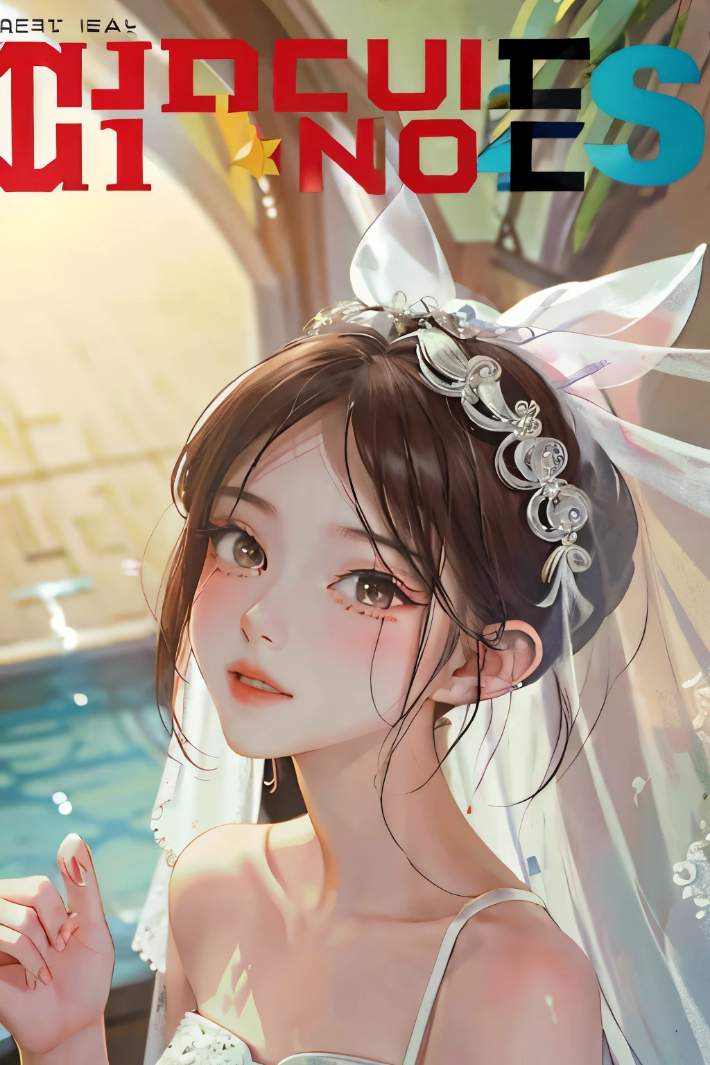 masterpiece, best quality, wedding outfit, colorful hair, hair accessories, outdoor, magazine cover ,upper body,