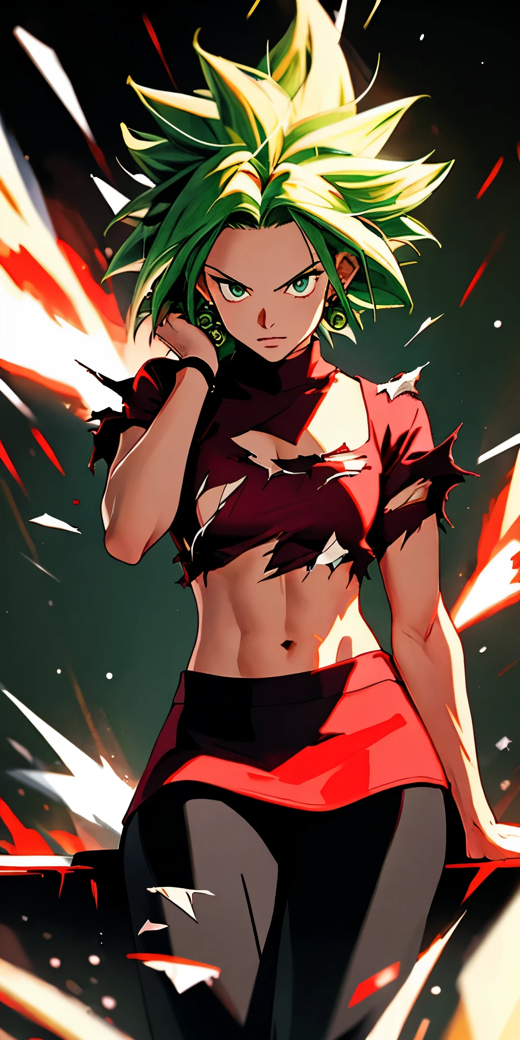 (Masterpiece, Best quality, Ultra-detailed, A high resolution, Best Illustration), 1girll,cowboy shot of beautiful xyzkefla  super saiyan, Green hair, Green eyes, spiked hair, energy, (Torn clothes:1.2), jewelry, Aura, Leggings, Red clothing, Detailed, Sharp focus, Dramatic, Cinematic lighting, body builder, Sit down