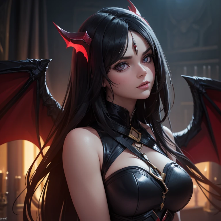 (best quality,4k,8k,highres,masterpiece:1.2),ultra-detailed,(realistic,photorealistic,photo-realistic:1.37),black hair,silver eyes,female succubus,black armor,sharp focus,vivid colors,portrait,dark fantasy,glowing red runes,demonic beauty,ominous atmosphere,golden crown,leathery wings,shadowy background