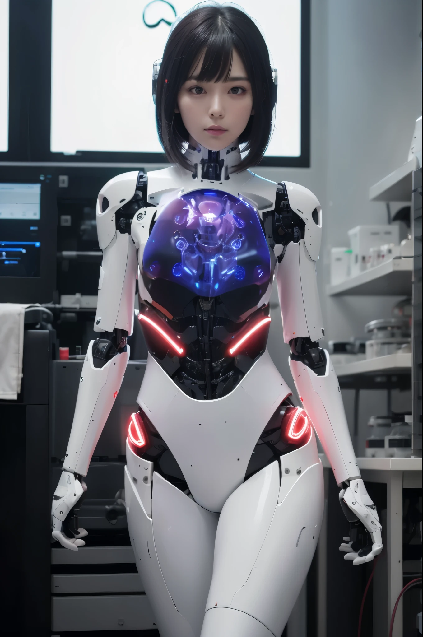 (photorealistic:1.4), (RAW photo)masterpiece, best quality, extremely detailed, (8K, 4K, Best Quality, hight resolution, 超A high resolution:1.1), (masutepiece, Realistic, Photorealsitic:1.1),8k portrait, Japaese android Girl,Plump , dark black leg cover,announcer,control panels,android,Droid,Mechanical Hand, Robot arms and legs, Black Robot Parts,Black hair,Mechanical body,Blunt bangs,White abdomen,white body suits,White robotics parts,perfect robot woman,future laboratory,cyber pank,charging spot,laboratory,long tube,thick cable connected her neck,ceramic body ,full eyes,striking eyes,perfect mechanical body, white robot body,lod antenna,mechanical ear cover,android,robot humanoid,black sponge joints,The removable red cover is in the groin,The connection port is in the groin