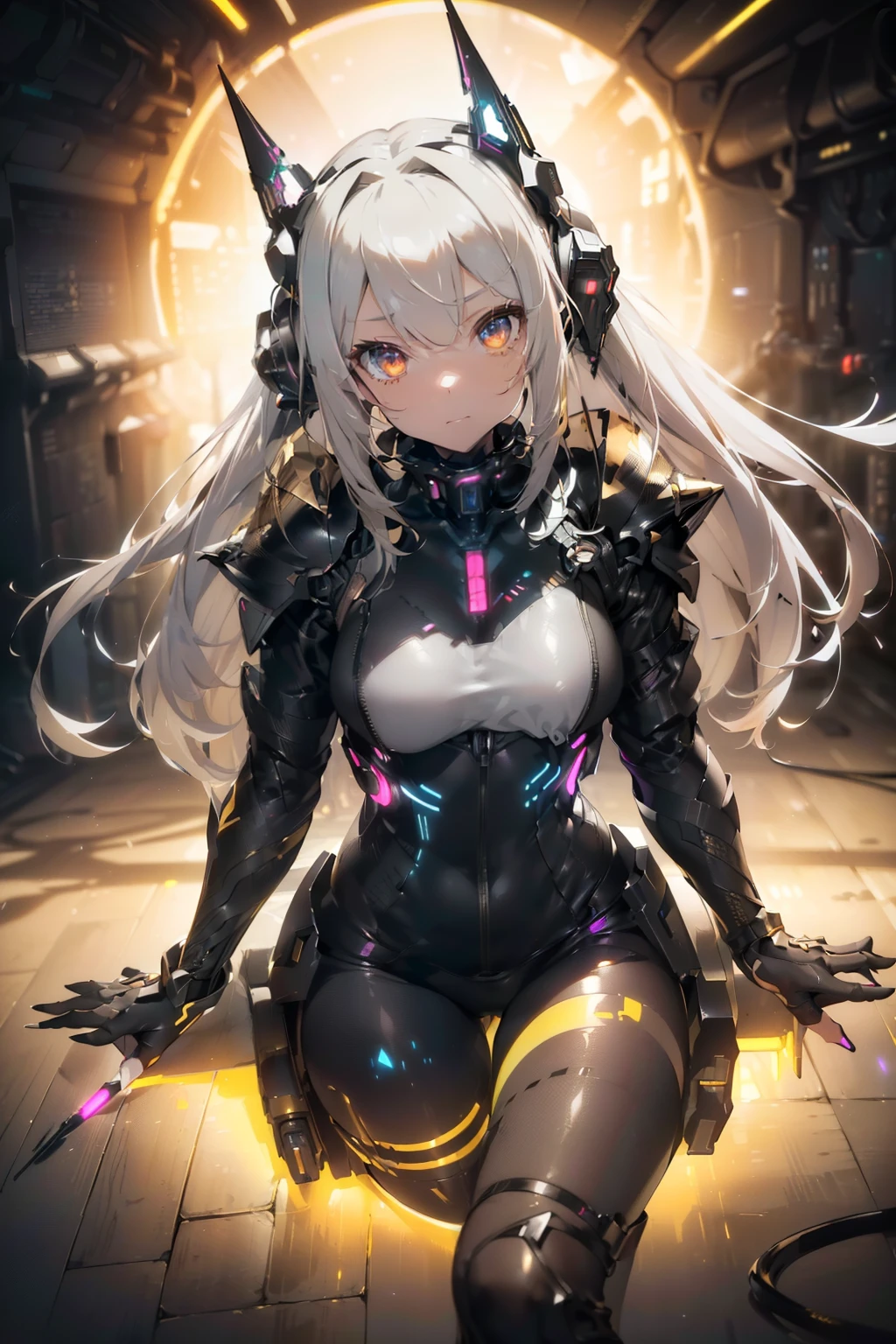 (masterpiece:1.3), (best movie quality), (extremely fine), (beautiful), (very detailed settings:1), (artistic lighting), (Princess with beautiful wavy silver hair), short blue haired, (eye+yellow+red:1.4), (multicolored eye+heterochromia), (People around him say that he is a genius like no other.),wearing cyberpunk clothes, futuristic, Development of SEX technology, The room of an engineer at the cutting edge of scientific research around the year 3200 (robots around)0.4],  (After the end of World War VI、There are extremely few humans left alive, so when you look at men,、become nervous and silent), (Mushy white god overflowing from the female genitals々new liquid), (Instead of becoming stronger by overlapping the female genitals and remote control vibrator、A princess who always climaxes and squirts), (lewd), (The white mess coming out of the female genitals々new liquidは、It smells very good and is sweet like honey.、It also has the power to heal wounds), 