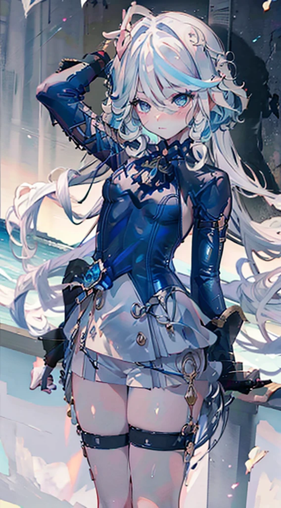 masutepiece, Best Quality, Pose leaning against wall,Squat ,Crab crotch,leotard,highleg, Elegant, 1girl in, thigh high boots, well-muscled,Cute, blushed, Looking at Viewer, From above,, Mini skirt, White and black striped T-shirt, Blue eyes, Beautiful eyes, Beautiful background, light Particle, Sun rays, Dramatic Lighting, Outside, shiny, Realistic, masutepiece, Best Quality, Ultra-detailed, Detailed, Scenery, Beautiful detailed eyes, detailed hairs