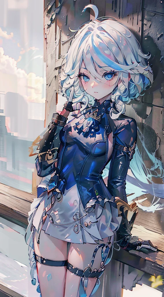 masutepiece, Best Quality, Pose leaning against wall，Squat ，Crab crotch，leotard，highleg, Elegant, 1girl in, thigh high boots, well-muscled，Cute, blushed, Looking at Viewer, From  above,, Mini skirt, White and black striped T-shirt, Blue eyes, Beautiful eyes, Beautiful background, light Particle, Sun rays, Dramatic Lighting, Outside, shiny, Realistic, masutepiece, Best Quality, Ultra-detailed, Detailed, Scenery, Beautiful detailed eyes, detailed hairs