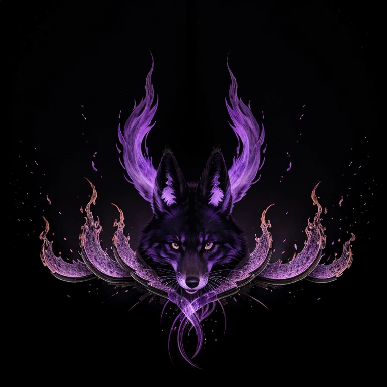 Black and purple fox, 9 tails, dark background, purple flames