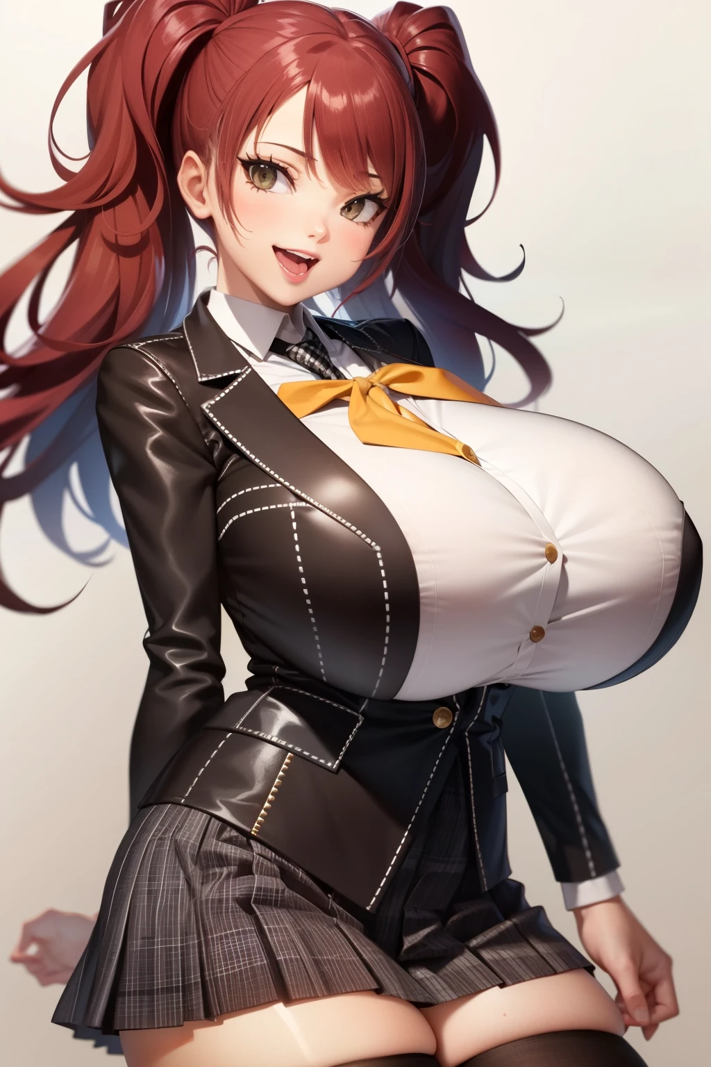 ,1 girl,solo,risekujikawa,smile,school uniform,yellow neckerchief,black blazer,black plaid skirt,black thigh highs,(huge breasts:1.4),open mouth