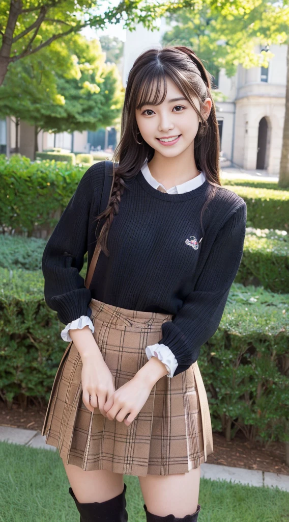 (High quality, High resolution, Ultra-detailed, Realistic:1.37), 、peaceful ambiance, (plein air, garden), ((Twin-tailed、scrunchie))、18 year old college student standing alone、 small tits, Beautiful detailed features, Cute smile, (Black bob hair), Ribbed sweater, Red plaid skirt, Black tights, Brown boots.