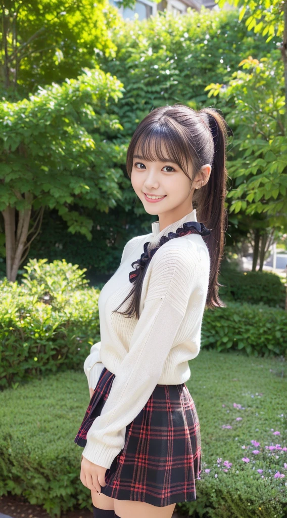 (High quality, High resolution, Ultra-detailed, Realistic:1.37), 、peaceful ambiance, (plein air, garden), ((Twin-tailed、scrunchie))、18 year old college student standing alone、 small tits, Beautiful detailed features, Cute smile, (Black bob hair), Ribbed sweater, Red plaid skirt, Black tights, Brown boots.
