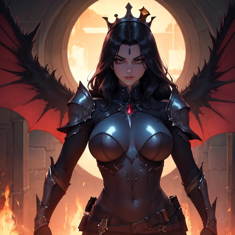 (best quality,4k,8k,highres,masterpiece:1.2),ultra-detailed,(realistic,photorealistic,photo-realistic:1.37),black hair,silver eyes,female succubus,black armor,sharp focus,vivid colors,dark fantasy,glowing red runes,demonic beauty,ominous atmosphere,golden crown,leathery wings,shadowy background
