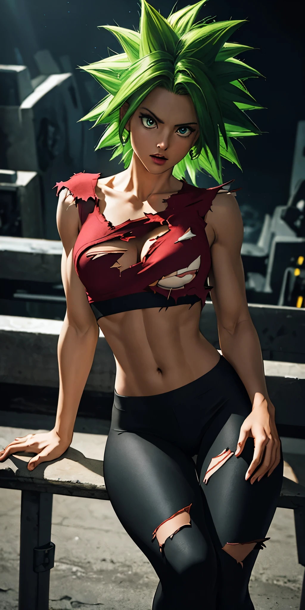 (Masterpiece, Best quality, Ultra-detailed, A high resolution, Best Illustration), 1girll,cowboy shot of beautiful xyzkefla  super saiyan, Green hair, Green eyes, spiked hair, energy, (Torn clothes:1.2), jewelry, Aura, Leggings, Red clothing, Detailed, Sharp focus, Dramatic, Cinematic lighting, body builder, Sit down