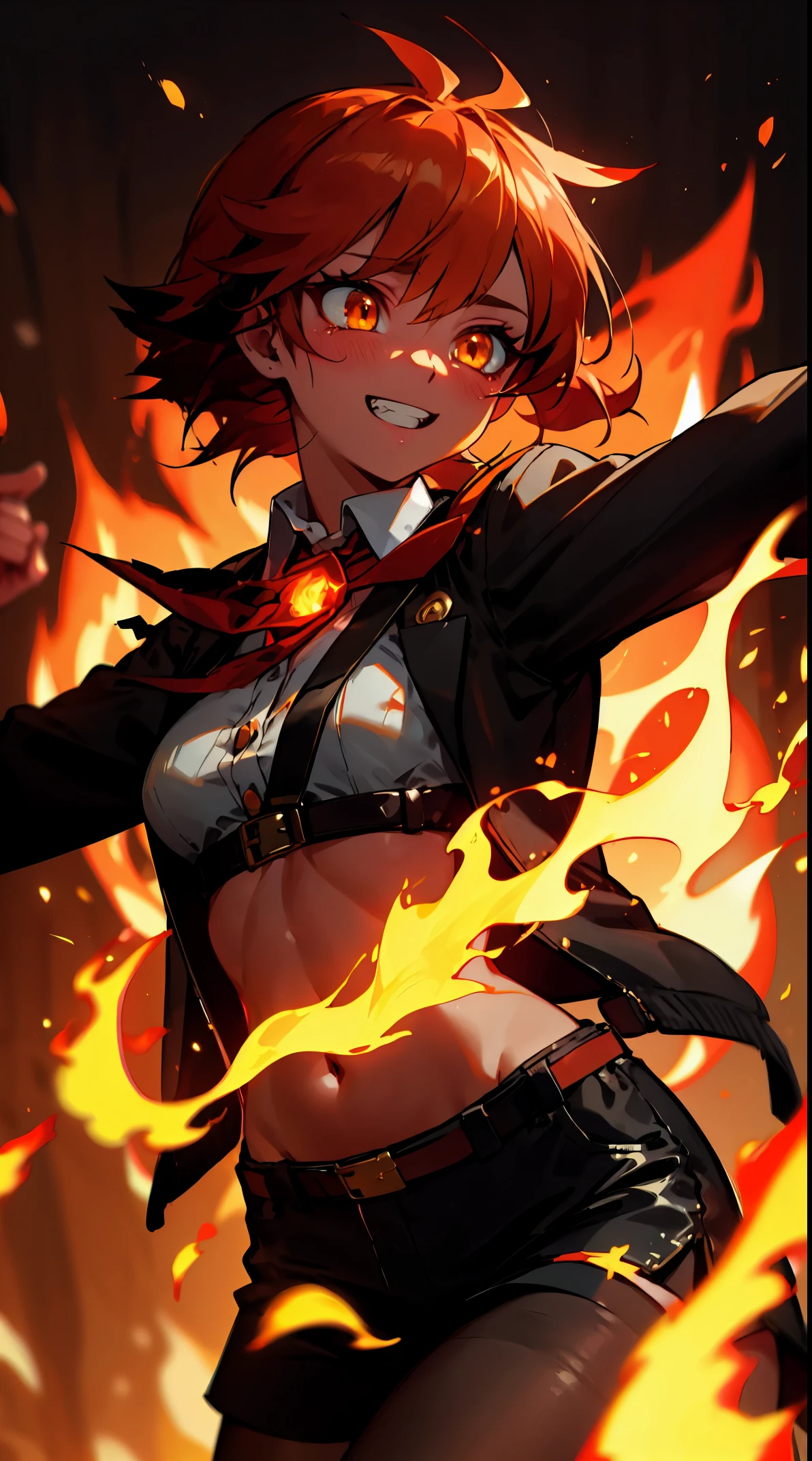 ((masterpiece)), best quality, 8k, high quality, high resolution, super detailed, ultra detailed, photorealistic, fiery and finely detailed face and eyes, ultra detailed and detailed skin texture, fiery eyes, perfect face, 1 girl, blazing red short hair, (fiery attire), flaming yellow eyes, medium breasts, (cropped jacket, black jacket), white shirt, collared shirt, (chest harness, black leather shorts, 7/8 pantyhose, shoulder (infernal aura), standing before a roaring bonfire, passionate expression, ((burning grin)), twilight, fiery landscape, crackling flames Belly up, focus on the face, zoom in on the ror, intense atmosphere, (crackling embers), (dancing flames), since primordial times, Ignia, fiery eyes, background of blazing inferno.