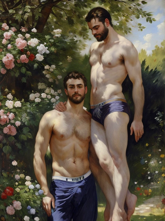 oil painting, oil on canvas, closeup portrait of two fuzzy -chested male lovers embracing, shirtless, playful tenderness, in a garden, painting by Pino Daeni and Manet, tom of Finland, Full body, ((Briefs, bulge))