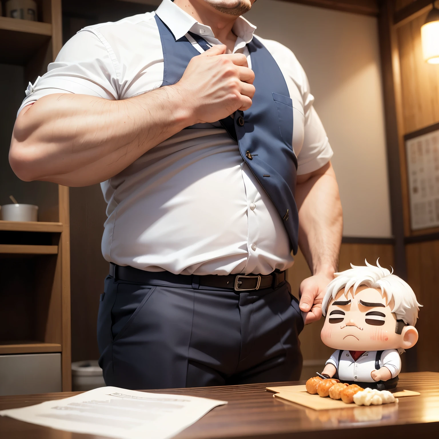 ​masterpiece、top-quality、ultra-detailliert、(Chibi character middle-aged man:1.2),short-haired,white-collar shirt is exposed,Tangled slacks,Protruding belly,wipe sweat with a handkerchief,Yakitori restaurant,