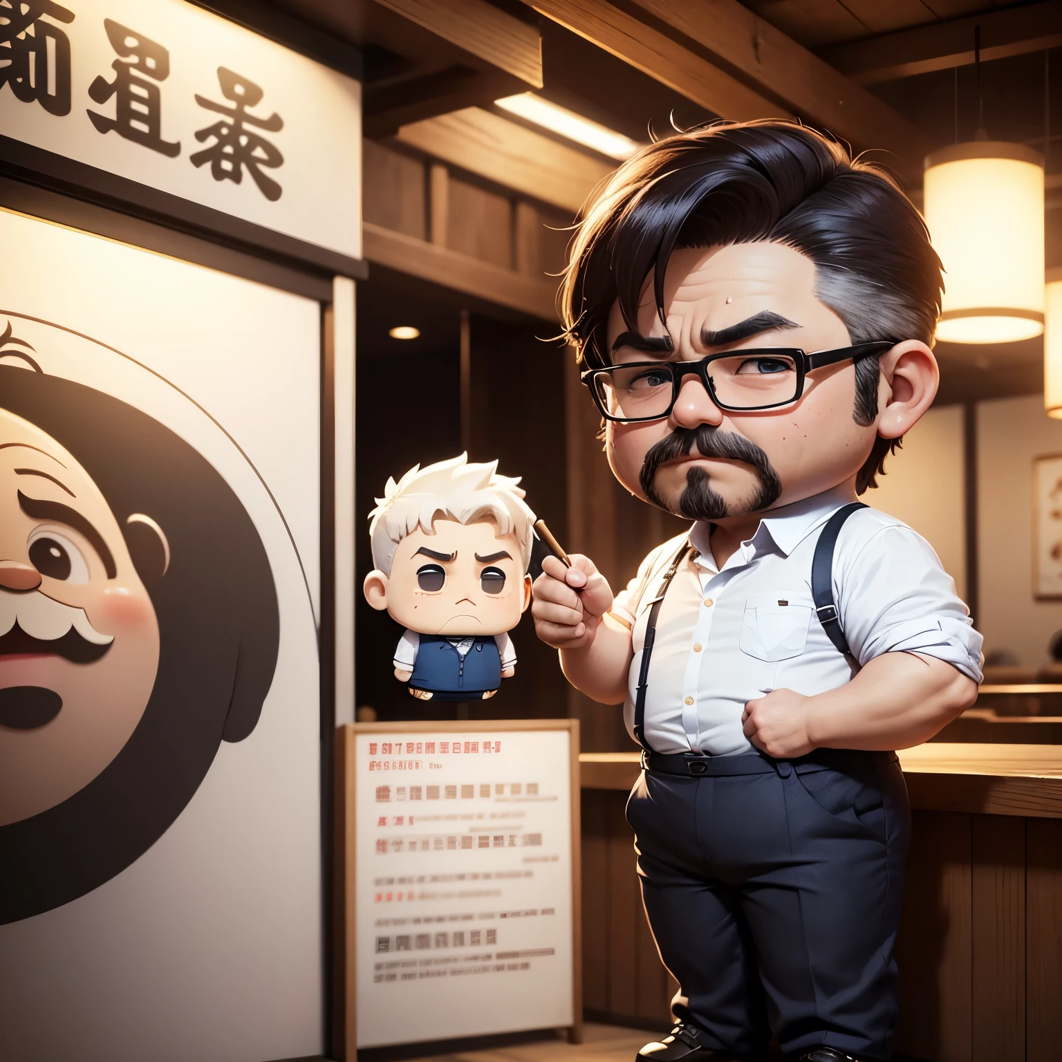 masterpiece、top-quality、ultra-detailliert、(Chibi character middle-aged man:1.2),short-haired,white-collar shirt is exposed,Tangled slacks,Protruding belly,wipe sweat with a handkerchief,Yakitori restaurant,