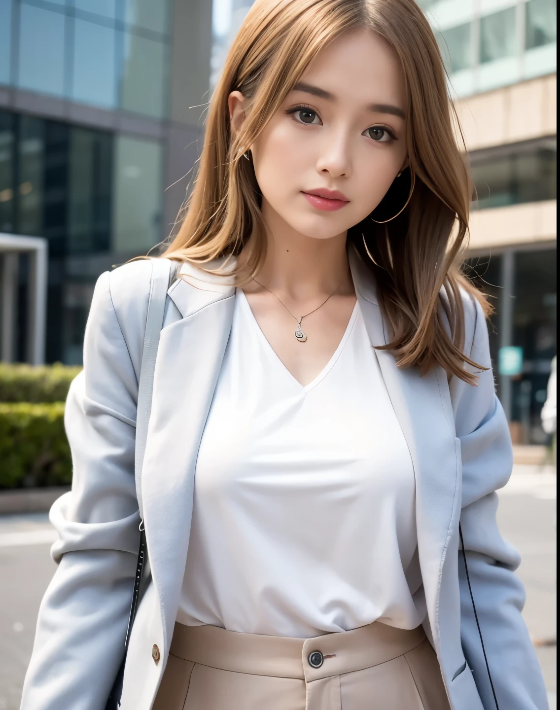 mix4, (RAW photogr),(Best quality at best), (realisticlying),( white backgrounid:1.2), ,,one-girl, The upper part of the body, Highly detailed face, ssmile,[Ash Blonde | ginger pubic hair | brown gray hair], XT3, beiges、Camel、High-waisted pants in a neutral color like silver or blue, Pair with a silk shirt and structured blazer, Create a sophisticated and powerful look,