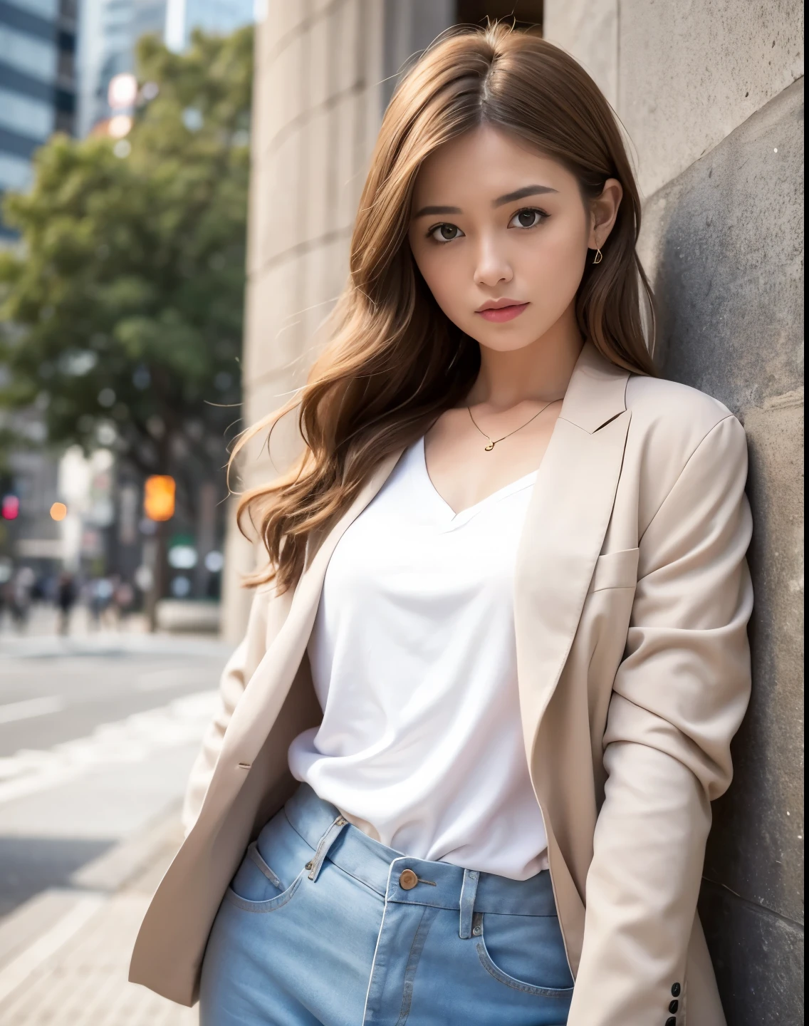 mix4, (RAW photogr),(Best quality at best), (realisticlying),( white backgrounid:1.2), ,,one-girl, The upper part of the body, Highly detailed face, ssmile,[Ash Blonde | ginger pubic hair | brown gray hair], XT3, beiges、Camel、High-waisted pants in a neutral color like silver or blue, Pair with a silk shirt and structured blazer, Create a sophisticated and powerful look,