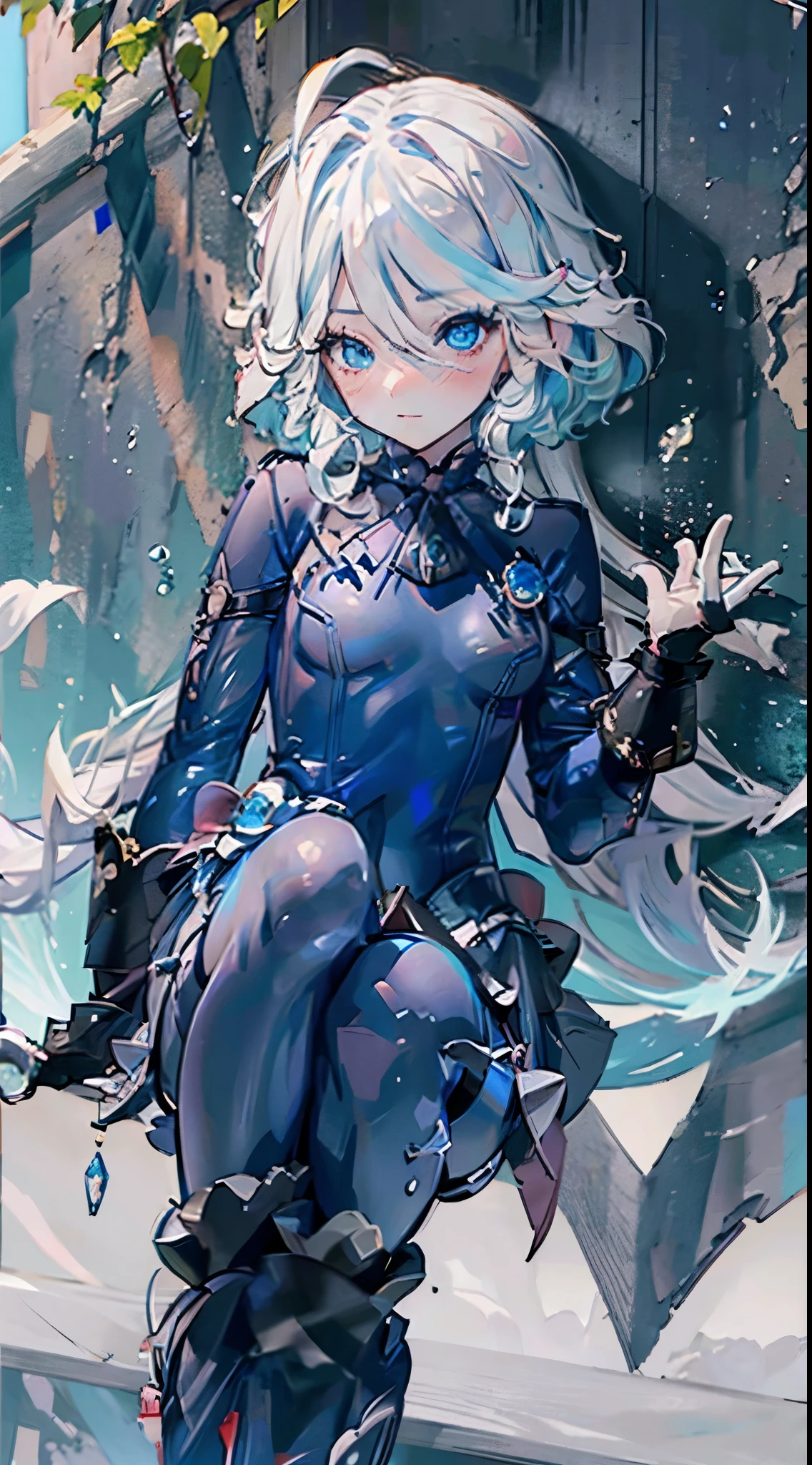 Tarot card hanged man,Beautiful girl,short detailed hair,curlies,Bangs that cover one eye,weeping,tailcoat,shorter pants,under the water,Lace-rimmed gloves,Hat,Tied to the cross while standing upside down,Hands and feet were tied to the cross