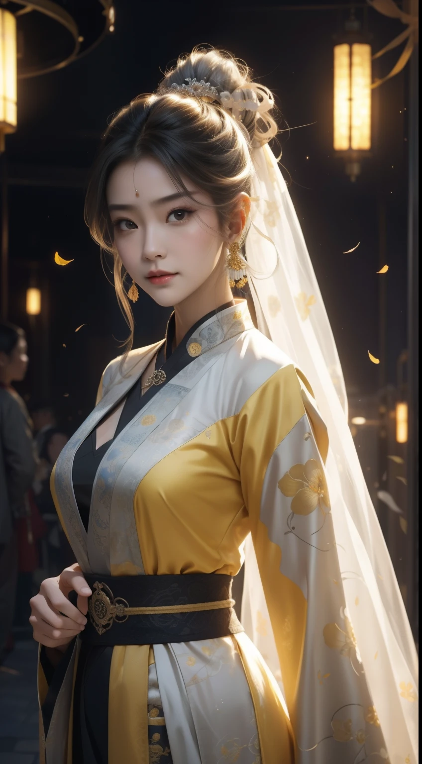 (best qualtiy,tmasterpiece:1.2),超高分辨率,realisticlying,Front lighting,Complicated detailquisitedetailsandtextures,(1girll),独奏,The upper part of the body,Yellow Hanfu,Petal pattern,Nice big eyes,Yellow dreseauitful face,facing to audience,Streamers,mer,(年轻),Facial highlights,Detal Face,tear-mole,white skinned,Silvery hair,High ponytail,looking at viewert,largeeyes,(Openwork pattern),耳Nipple Ring,slimfigure,white backgrounid,correct hand,profesional lighting,photon maping,Radio City,physically-based renderingt