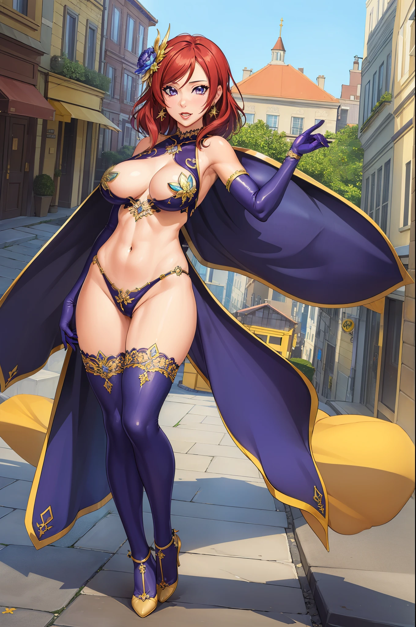 (Masterpiece, Best Quality, High Quality:1.4), professional artwork, well drawn, Intricate Details, field of view,full body shot
Nishikino maki, street, superheroine, 
Red hair, lipstick, makeup, ultra detail hair, ultra detail face, perfect eyes, perfect face, earring, purple eyes, Looking at Viewer, flirting, 
Tight yellow bodysuit,sleeveless, clothes ornament,nsfw, pasties, nude , navel cutout, sexy confident pose, nipple, very tight and thicc.