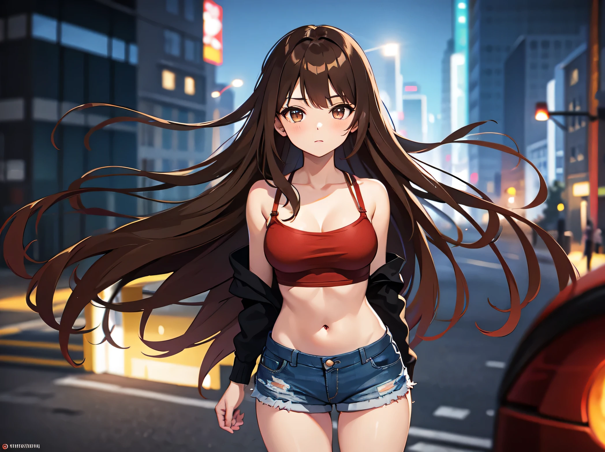 1girl, long brown hair, brown eyes, ripped denim shorts, red lingerie, red fishnets, sneakers, city, night, looking at viewer, masterpiece, high res, ultrasharp