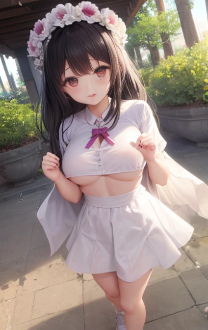 ung girls, 独奏, White polo shirt, White sneakers,
, white mini-skirt, tmasterpiece, Best quality at best, realistically, ultra - detailed, (shiny skins, perspired:1.4), Huang Li, looking at viewert, with short black hair, with brown eye,slenderness,Dynamic light and shadow,A high resolution,Focus sharp,depth of fields,The eyes are delicate,Sharp pupils,student reality,(Bigchest:1.6),(upper legs粗:1.0),luring,sky sky,ultra - detailed,tmasterpiece,Best quality at best,love letter,blush blush,Yazawa Nico,red eyes, face flushed,Blunt hair,On the ground, upper legs,chubbiness,ssmile,both hands on hip,Frontal viereet,Flower headdress,mature