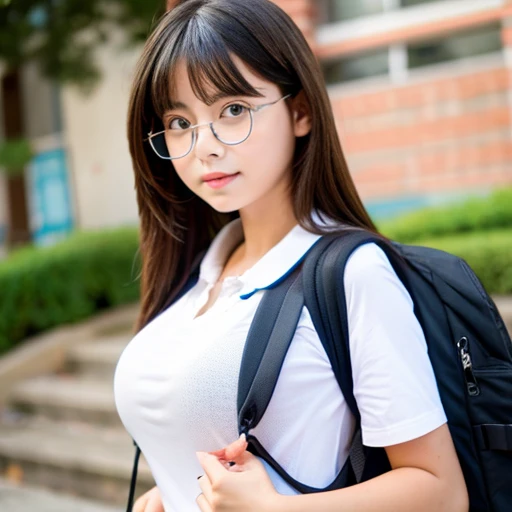 Big breasts elementary school student、a school bag、eye glasses