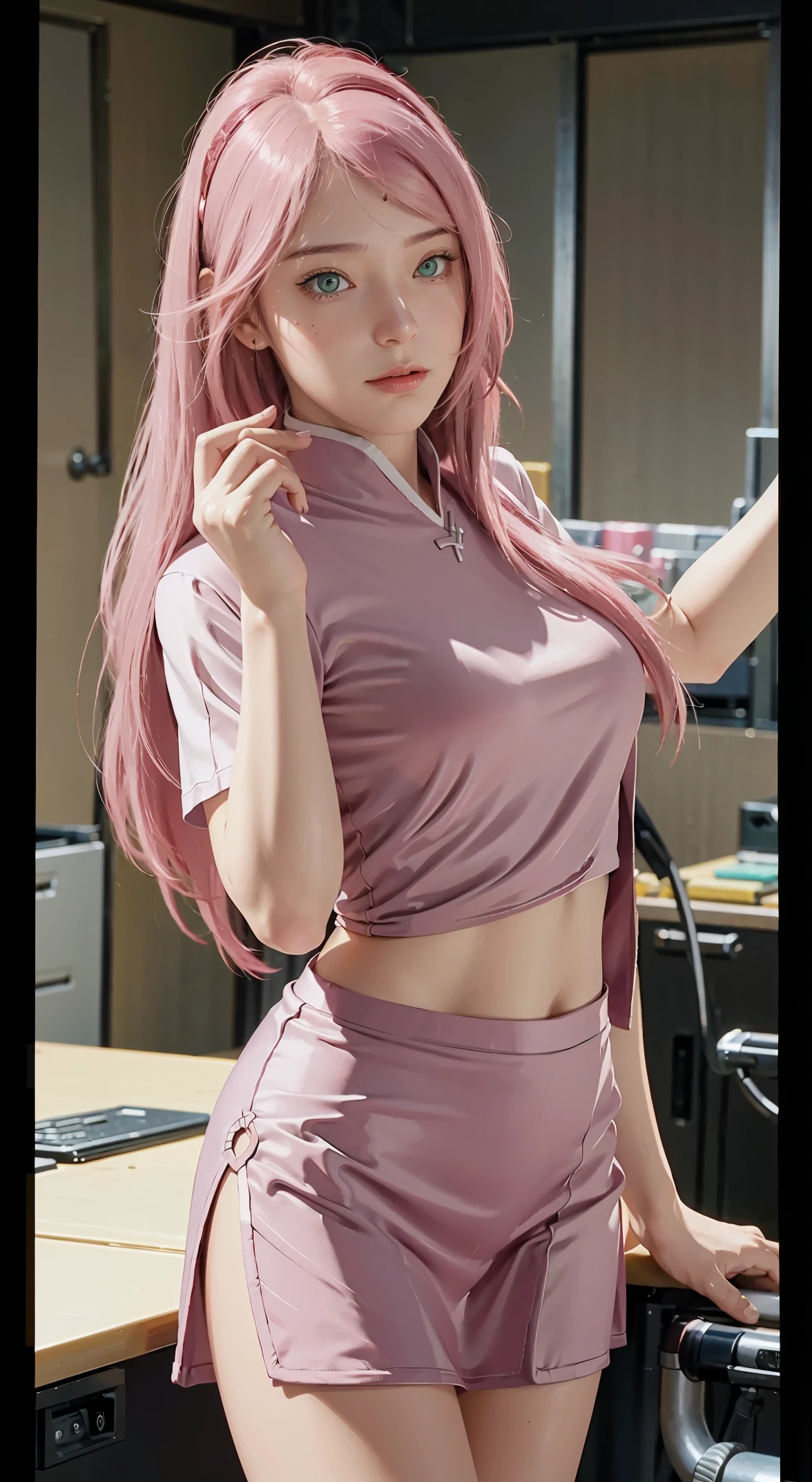 Photorealistic, high resolution, 1 Women, Solo, Hips up, view the viewer, (Detailed face), pink long hair, Long hair, Secretary uniform, short tight skirt , plain formal shirt.