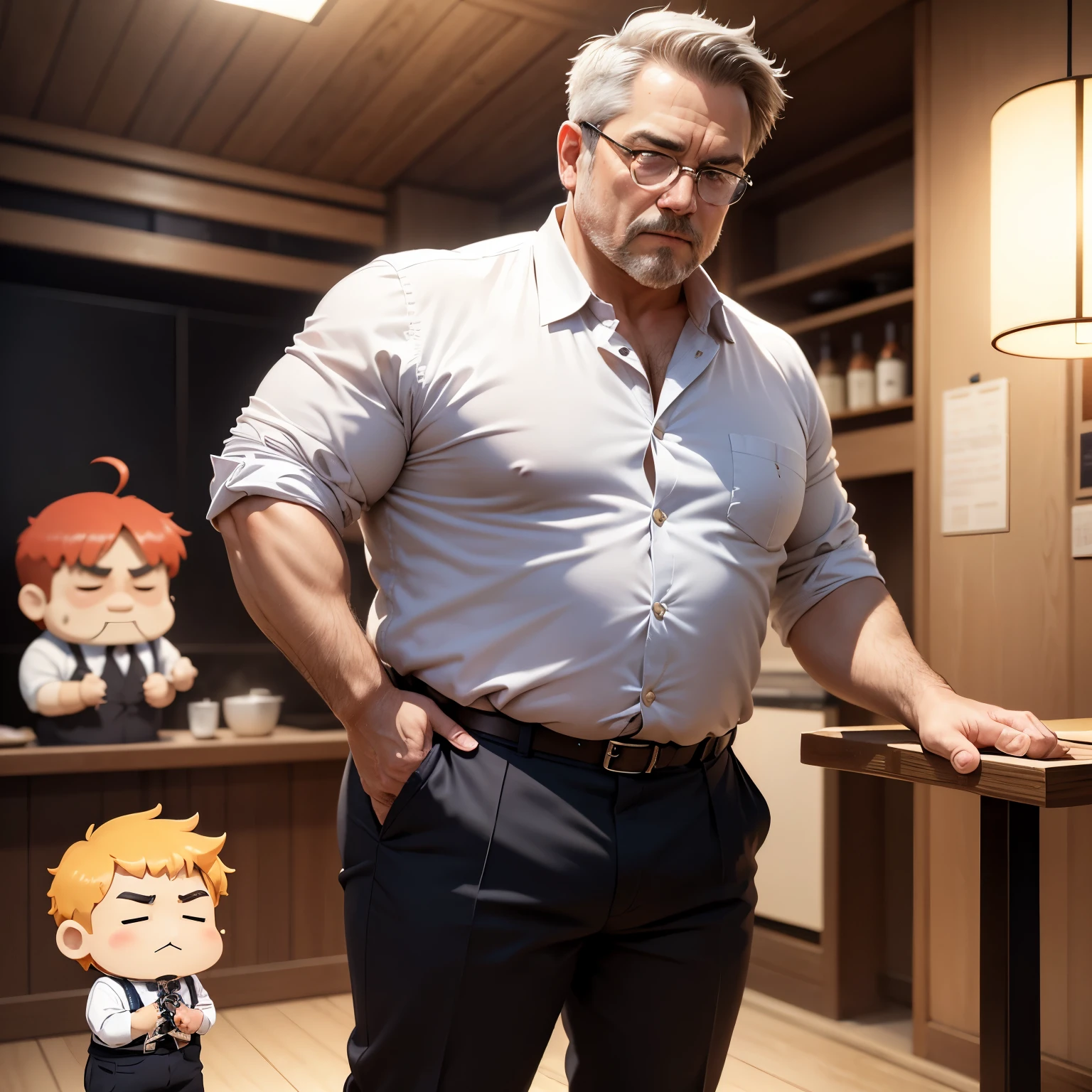 masterpiece、top-quality、ultra-detailliert、(Chibi character middle-aged man:1.2),short-haired,white-collar shirt is exposed,Tangled slacks,Protruding belly,wipe sweat with a handkerchief,Yakitori restaurant,Full-body standing figure