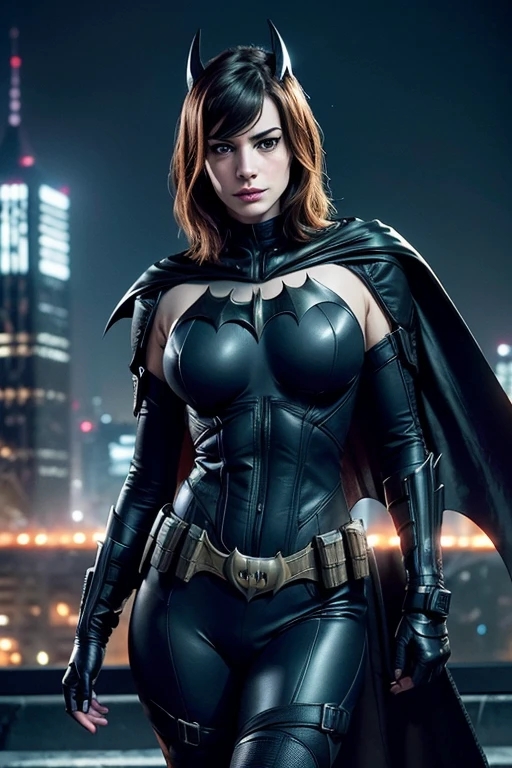 ((Anne Hathaway(Batgirl with a batarang))), Wears cyberpunk batgirl armor with cape, (Dynamic Pose), Red hair, athletic build, Tight costumes, Very beautiful, ((Sexy, Small natural breasts, cleavage, Nippin, Camel toe)), (highly detailedskin: 1.2), Serious face, Beautiful face, highly detailedskin, Skin pores, (Highly detailed face:1.1), (Highly detailed eyes:1.1), Realistic pupils, Full face blush, Full lips, (Perfect Anatomy:1.1), (Perfect proportions:1.1), (Photography:1.1), (photoRealistic:1.1), Volumetric lighting, Dynamic lighting, Real Shadows, (hight resolution:1.1), オッパイsharpフォーカス, (Realistic, hyperRealistic:1.4), Convoluted, high detailing, Dramatic, Subsurface scattering, Vivid, Polished, sharp, 35 mm, 8K, (((Night Photography, gotham city background)