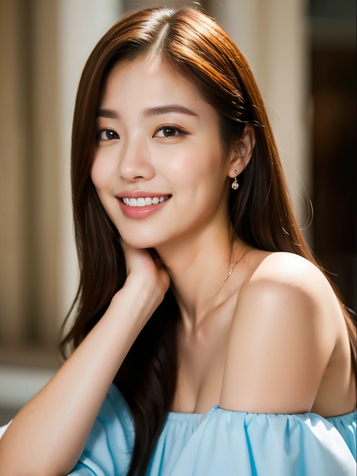 best quality, masterpiece, ultra high res, photorealistic, 1girl, offshoulder, smile