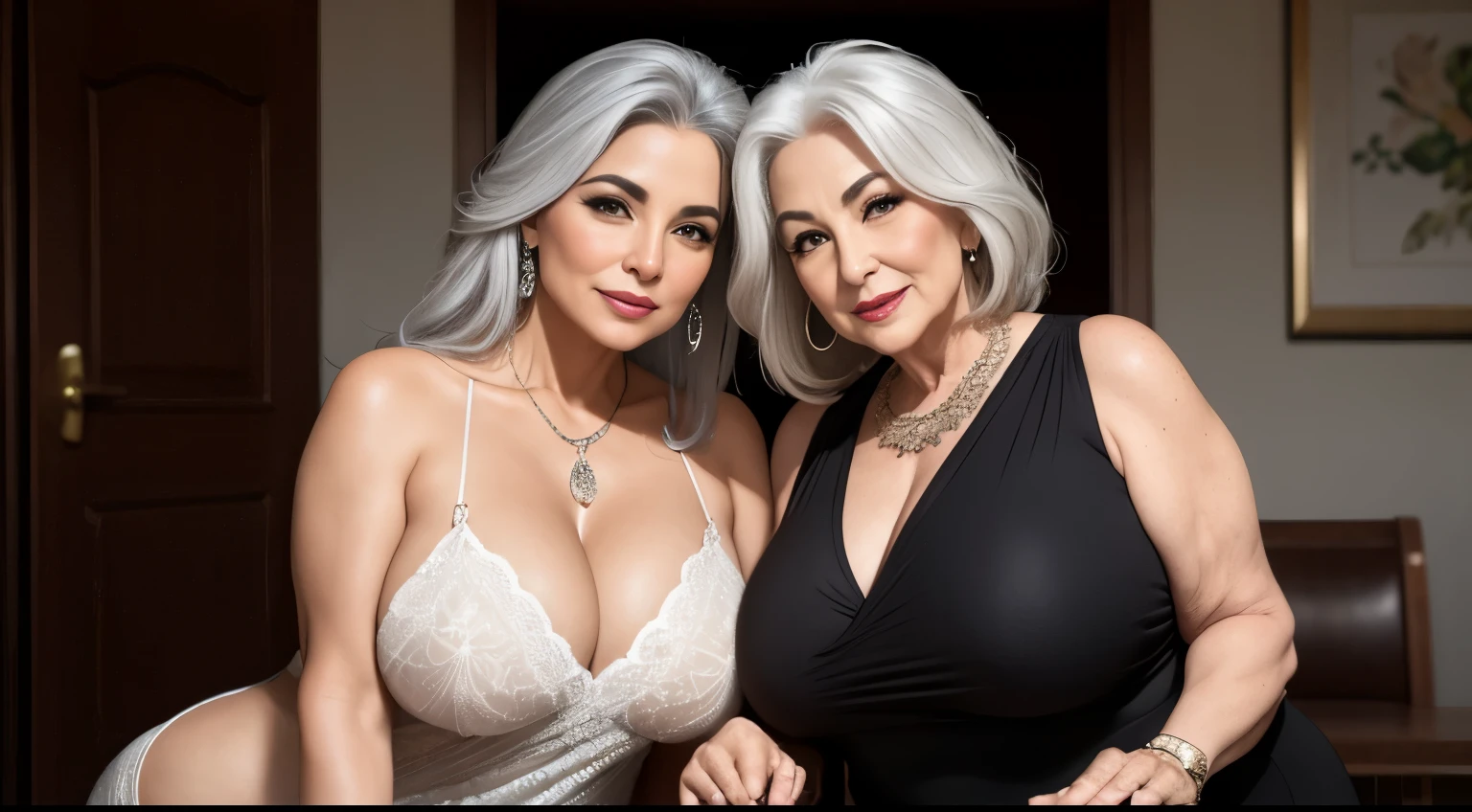 Create an engaging visual representation of a mature Persian woman, com mais de 64 anos, that emanates an irresistible attractiveness. Visualize-a com um corpo mais cheio e voluptuoso, elegantemente vestida com um longo vestido fino em um deslumbrante tom de vinho, destacando um decote impressionante. Seus longos cabelos grisalhos devem fluir graciosamente, with a close zoom to highlight the attractive flow of her silver hair, enhancing your radiant charm.

Highlight the visible wrinkles that testify to the passage of time, celebrating the unique beauty of a gracefully aged and fuller figure. Focus on the woman's captivating presence, capturing the essence of your confidence, elegance and lasting appeal that manifests with maturity. Accentuate your curvy silhouette to further enhance the unique beauty that comes with aging with grace.