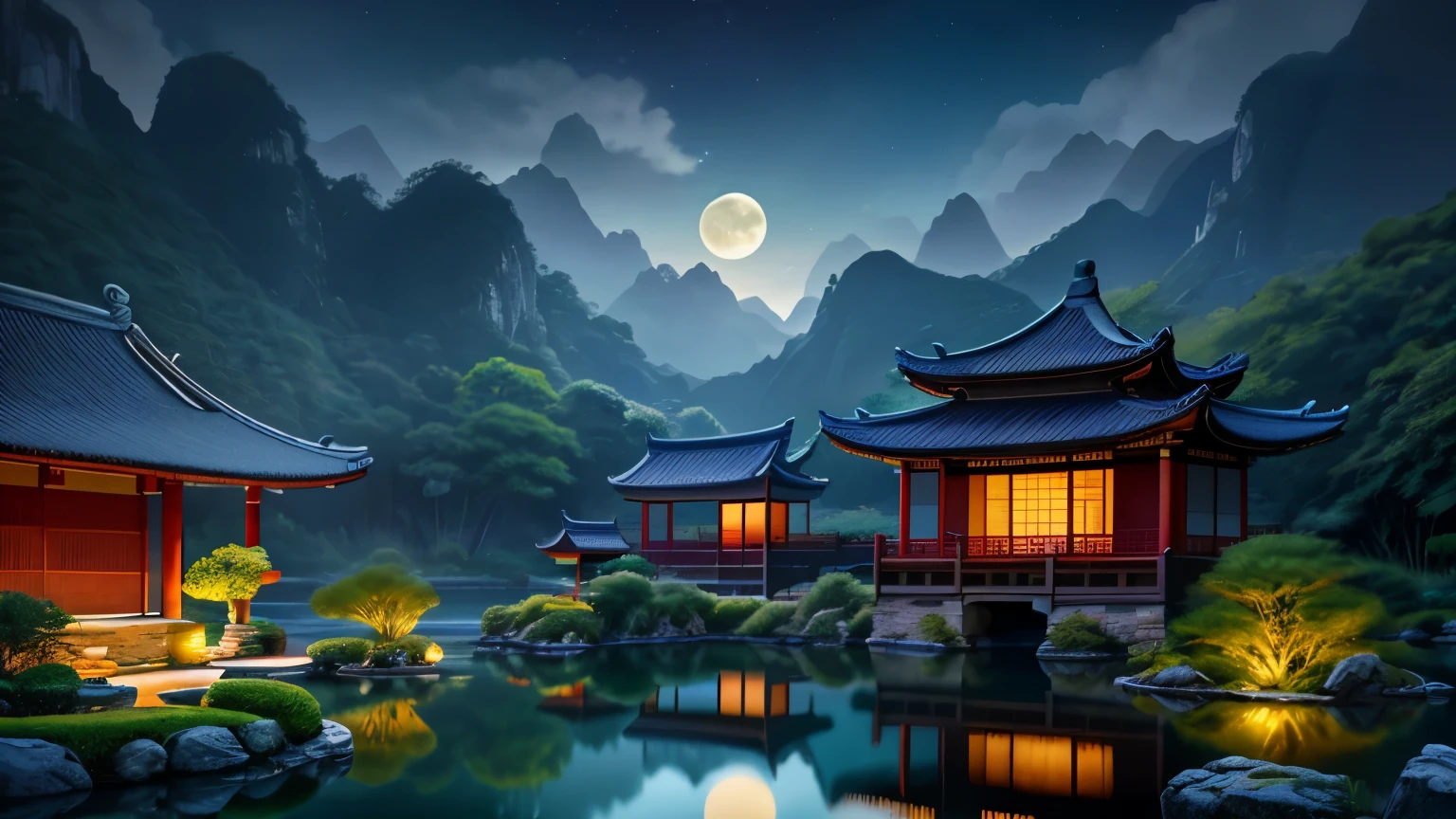 Chinese Ancient Architecture，cold shades，Pitch black night，themoon，trpical garden，bamboos，lakes，Stone，rockery，nooks，the treelowingwater，scenecy，exteriors，waterfallr，grassy fields，Rochas，dense fog，（illustratio：1.0），Epic composition，high definition detail，tmasterpiece，The best quality，（非常详细的 CG 统一 8k 壁纸） --v 6