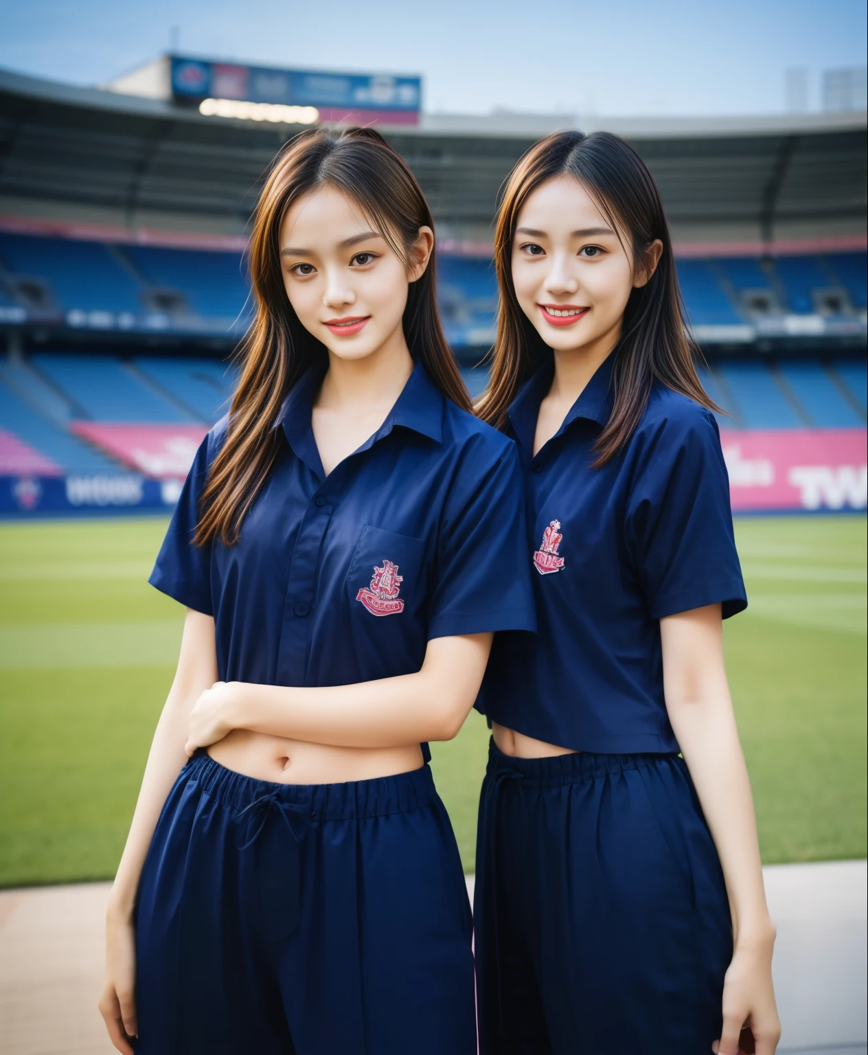 (bestquality,10,10,highres,masterpiece:1.2),ultra-detail,(Realistic,ภาพRealistic,photo-realistic:1.37),1 Cute girl in the football field,oily shiny skin,bara,light smile,BDclothelue shirt:1.3)),short sleeves,shirt, trousers.,(navy_long_ติดตามtrousers:1.1), ((Stadium Background:1.3)),dynamic angle,excited,face focus,Dynamic Poses,from behide,Ass Focus,masterpiece, bestquality, ultra realistic, hyper-detail, 8k resolution, RAW photo, crisp focus, ((Navy blue shirt:1.1)), short sleeves, เส้นทางlong, Complete bodyแบบ, 2 mature women, 18yo, cinematic light,trousersวอร์มสีน้ําเงิน,Gymware,Correct anatomy,Complete body, Correct body, sharp face, Correct bodyทางกายวิภาค, full entire body, Realistic gestures, long-haired, Realistic poses,Wear long shorts..........................................,ช่วงขาlong,Shapely,Sculpting Girl, Slender Figure, mannequin mannequins, Shapely, Beautiful body,trousersวอร์มสีน้ําเงิน, Two girls kissing