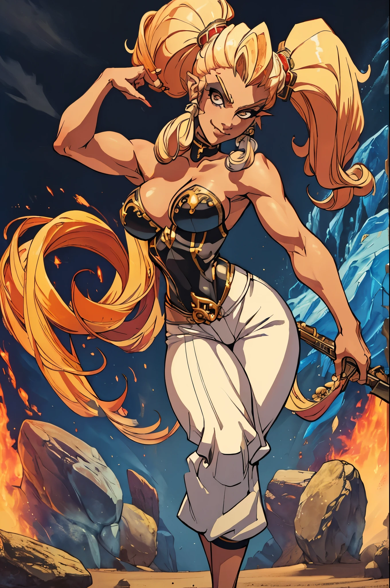 ((masterpiece,best quality)), absurdres, tan skin,
Twinrova, fire hair, ice hair, twintails, seductive smile, white pants, gold eyes,
smug, cowboy shot, looking at viewer,
dynamic pose, seductive pose, sultry pose, contrapposto,
cinematic composition,