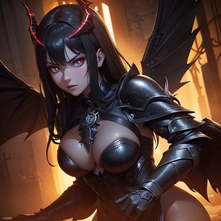 (best quality,4k,8k,highres,masterpiece:1.2),ultra-detailed,(realistic,photorealistic,photo-realistic:1.37),black hair,silver eyes,female succubus,black armor,sharp focus,vivid colors,dark fantasy,glowing red runes,demonic beauty,ominous atmosphere,golden crown,leathery wings,shadowy background