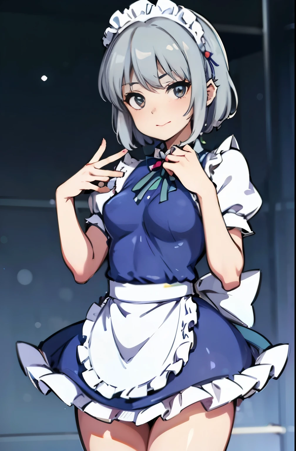 ((Sixteen Nights)), ((Touhou Project)), Cosplay, 20-year-old woman, (((Gray hair)), ((Medium spiky hair)), ((Blue Maid Outfit)), ((White blouse)), midchest, (light)))), (Pose))), (photographrealistic: 1.3), rim lighting, (High Detail Skin:1.2), 8K UHD, Digital SLR, High quality, High resolution, 4K, 8K, Bokeh, absurdity, Best ratio four fingers and one thumb, (Real:1.3), Cute One Girl, Lots of knives