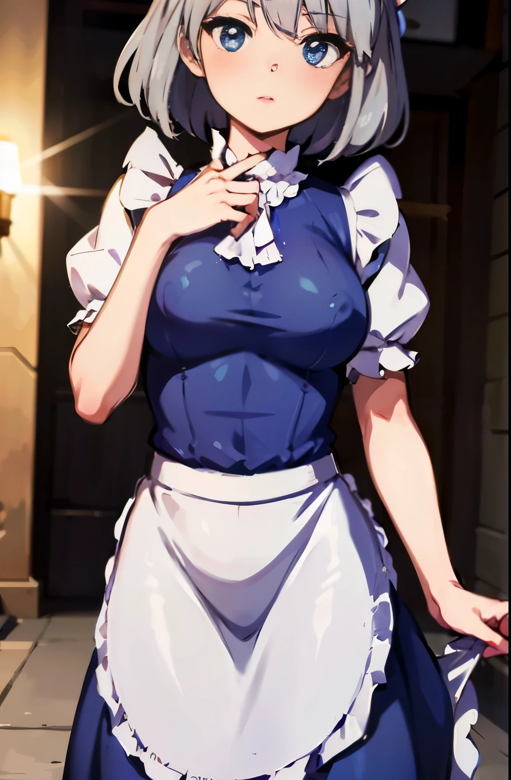 ((Sixteen Nights)), ((Touhou Project)), Cosplay, 20-year-old woman, (((Gray hair)), ((Medium spiky hair)), ((Blue Maid Outfit)), ((White blouse)), midchest, (light)))), (Pose))), (photographrealistic: 1.3), rim lighting, (High Detail Skin:1.2), 8K UHD, Digital SLR, High quality, High resolution, 4K, 8K, Bokeh, absurdity, Best ratio four fingers and one thumb, (Real:1.3), Cute One Girl, Lots of knives