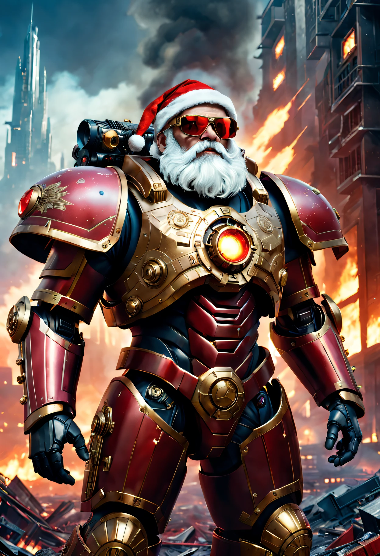 Warhammer 40K universe, cybernetic santa claus,Red gold armor mechanical suit,shiny blue sunglasseierce war environment,Destroyed buildings and flames,The background is a futuristic cityscape,Equipped with laser gun and shield,Radar and targeting integrated into Santa hat,severe and threatening atmosphere,Sci-fi cyberpunk aesthetics,High contrast and desaturated tones,Dramatic and dynamic lighting effect quality,4K,A high resolution,tmasterpiece:1.2),ultra - detailed,(actual,photoactual,photo-actual:1.37)