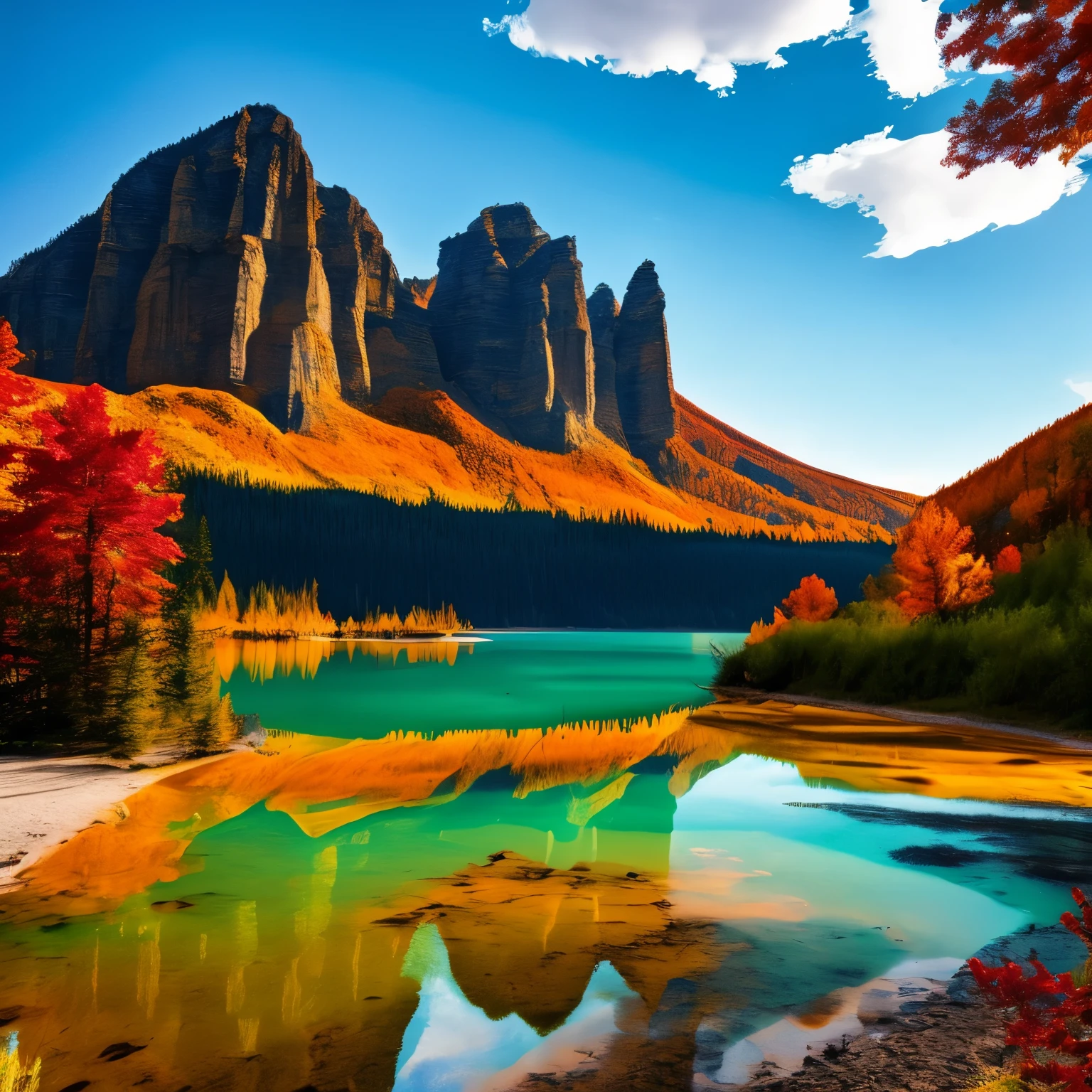 Colorful stained glass mountain with lake