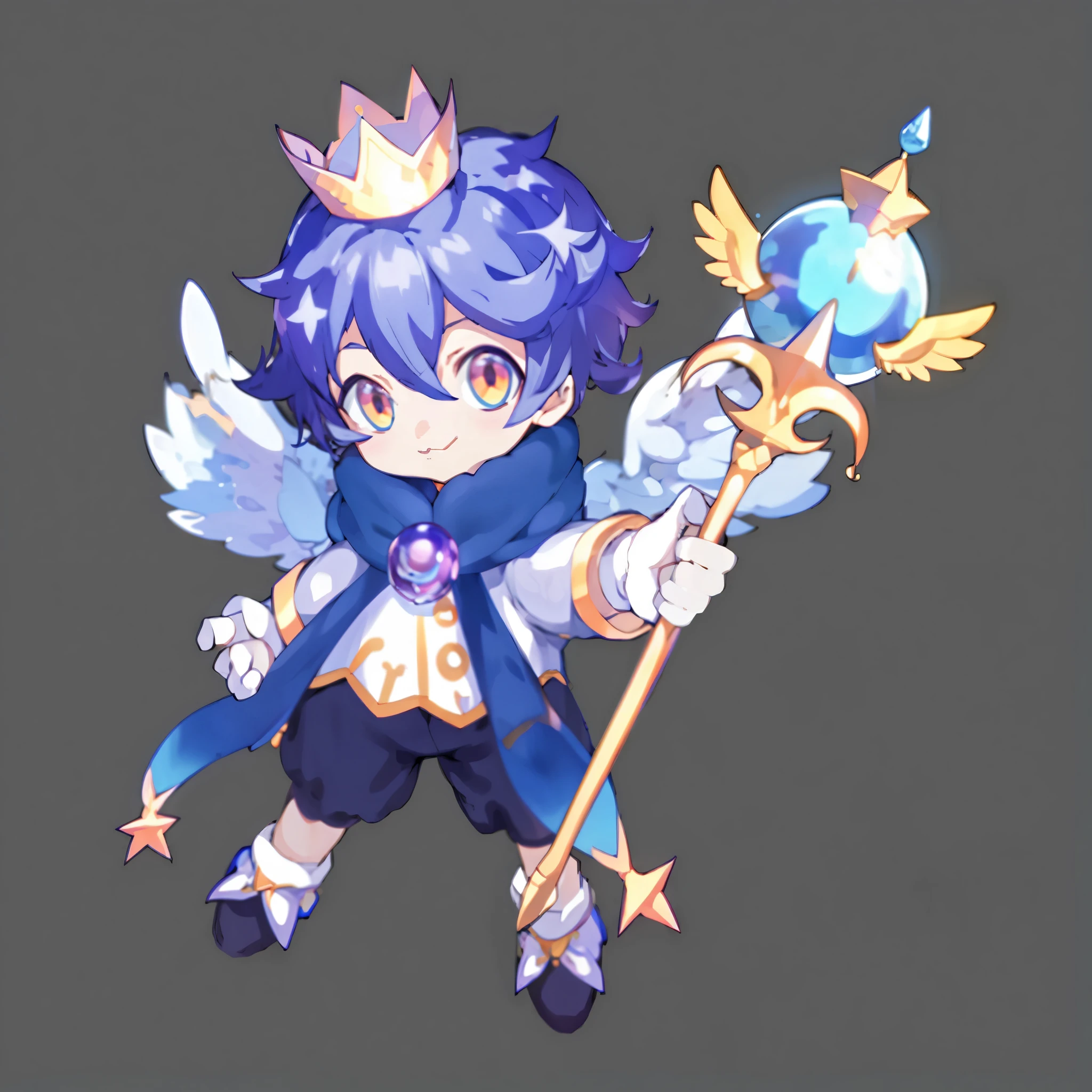 A boy with，Blue-purple hair，orange eyes，wearing a crown，White top，Gold lace，Black pantsuit，boots，large wings，围巾，dream magical，magical staff，Detailed details，Super refined，The texture is clear