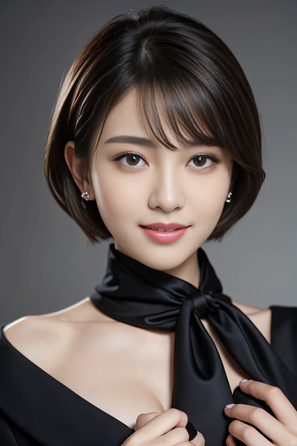 Best quality, realistically, ultra - detailed, Detailed pubic hair, A high resolution, 8k wallpaper, 1 Beautiful woman,, Short hair details, dressed in a suit, lock focus, Perfect dynamic composition, beautidful eyes, Delicate hair, 细致realistically的皮肤纹理, Smiling, closeup portrait, Model body type