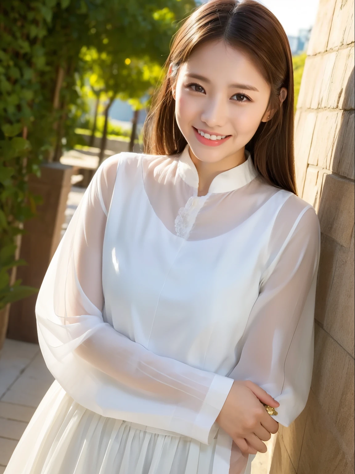 best qualtiy， tmasterpiece， 超高分辨率， realisticlying， 1girll， ， ssmile，Light-colored clothes