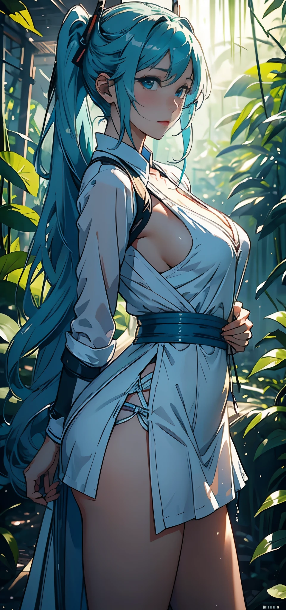1 female,43 yeas old,摩洛解放阵线,,plum,Big chest,Expose pervert, 独奏,(Background with:Deep in the bamboo forest,lotus flower,lotus flower,the rainforest,Ground area water,and it is raining) She has long light blue hair,dual horsetail,stop,seen from the front, hair straight, The sky is mostly cloudy,(((tmasterpiece),(Very detailed CG unified 8k wallpaper),Best quality,电影灯光,detailed back ground,Beautiful and delicate right pupil,(Very delicate and beautiful),(Beautiful and detailed eyes description),ultra - detailed,tmasterpiece,)),facing at the camera,A high resolution,ultra - detailed),violent weapon, convex,legs are open,convex起性感,Camel toe skin color,longing unsatisfied,street frontage,Bigchest,Big breasts Hatsune Miku(dressed in:Big breasts Hatsune Miku制服,White transparent apron,headset on head)facing at camera