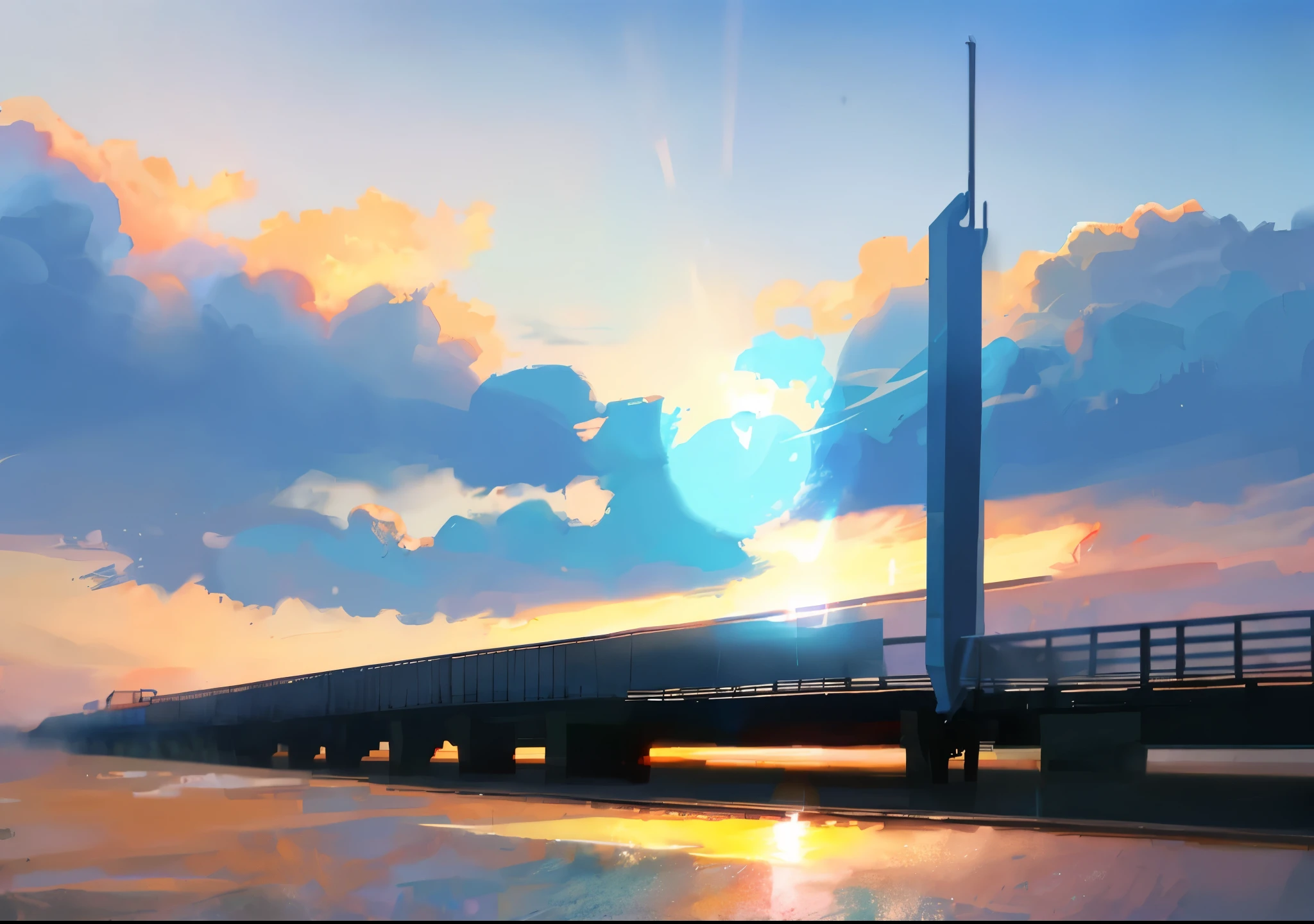 Animation scene of train moving under blue and white sky,Anime drawn by Makoto Shinkai,Popular trends on Pixiv,magical reality,beautiful anime scenes,Cosmos Sky。 author:new ansere, ( ( new ansere ) ), author:new ansere, Anime background art, Makoto Shinkai's style.Detail Enhancement,Perfect details。