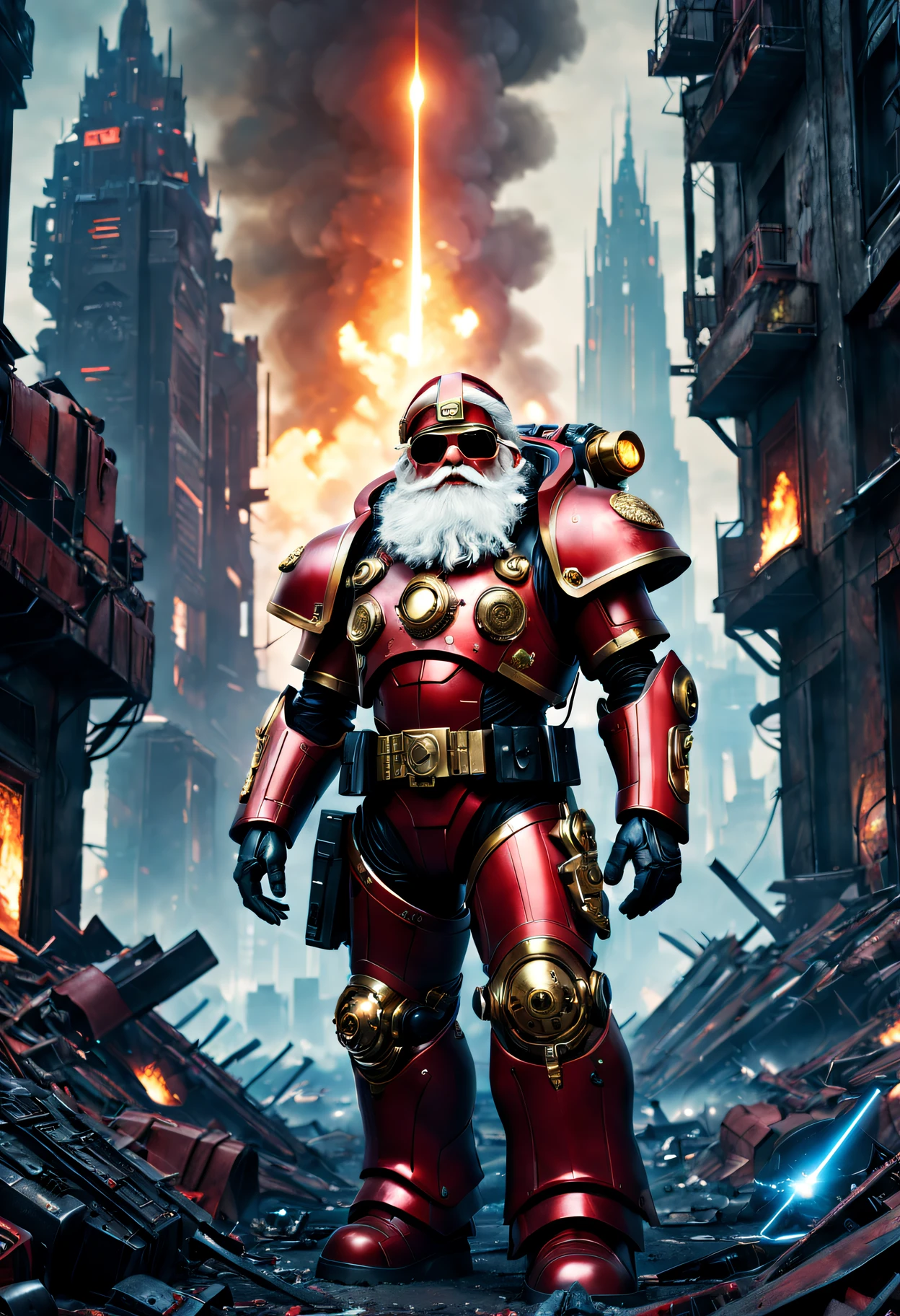 Warhammer 40K universe, cybernetic santa claus,Red gold armor mechanical suit,shiny blue sunglasseierce war environment,Destroyed buildings and flames,The background is a futuristic cityscape,Equipped with a laser gun,Radar integrated into Santa hat,severe and threatening atmosphere,Sci-fi cyberpunk aesthetics,High contrast and desaturated tones,Dramatic and dynamic lighting effect quality,4K,A high resolution,tmasterpiece:1.2),ultra - detailed,(actual,photoactual,photo-actual:1.37)