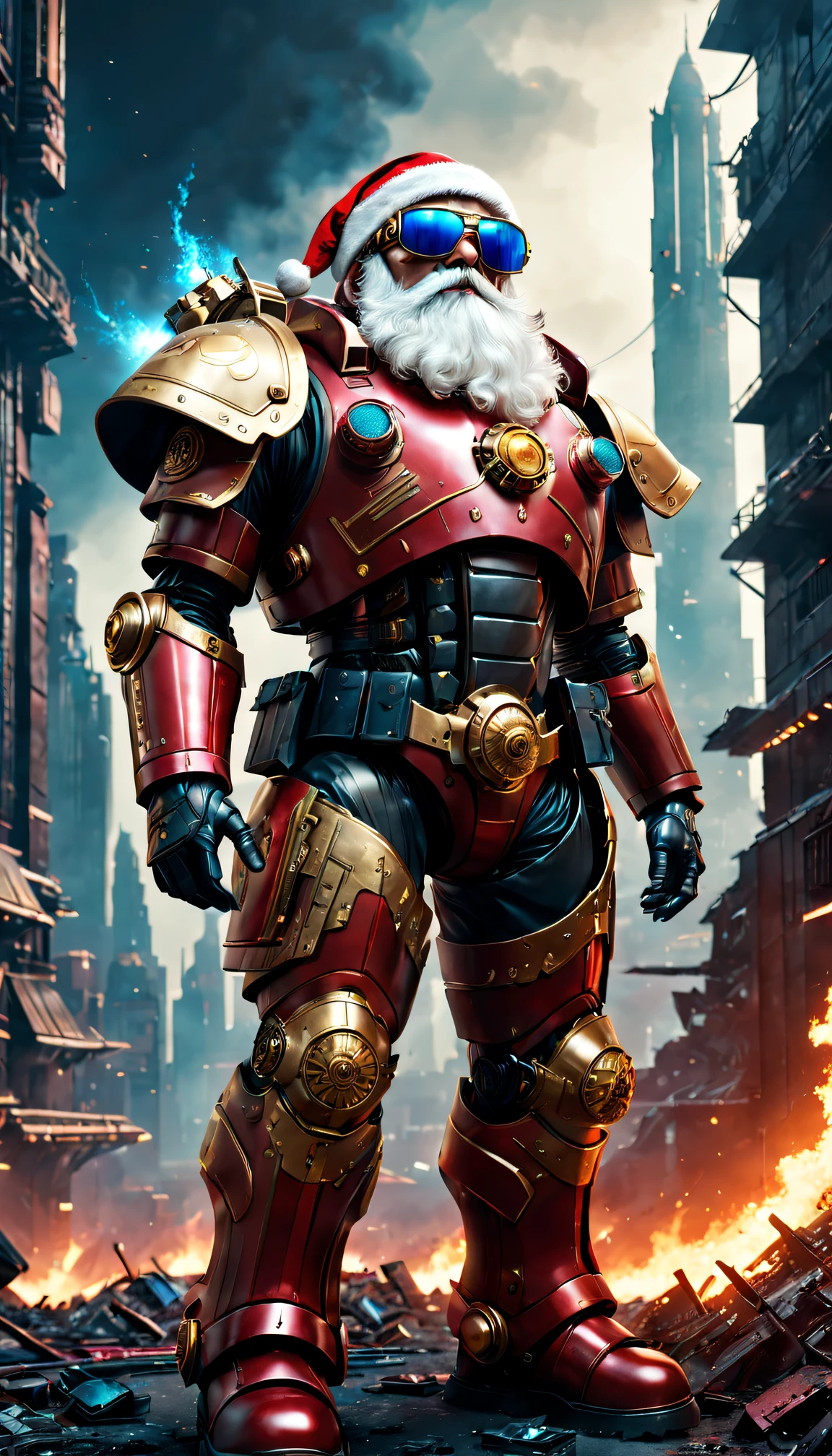 Warhammer 40K universe, cybernetic santa claus,Red gold armor mechanical suit,shiny blue sunglasseierce war environment,Destroyed buildings and flames,The background is a futuristic cityscape,Equipped with a laser gun,Radar integrated into Santa hat,severe and threatening atmosphere,Sci-fi cyberpunk aesthetics,High contrast and desaturated tones,Dramatic and dynamic lighting effect quality,4K,A high resolution,tmasterpiece:1.2),ultra - detailed,(actual,photoactual,photo-actual:1.37)