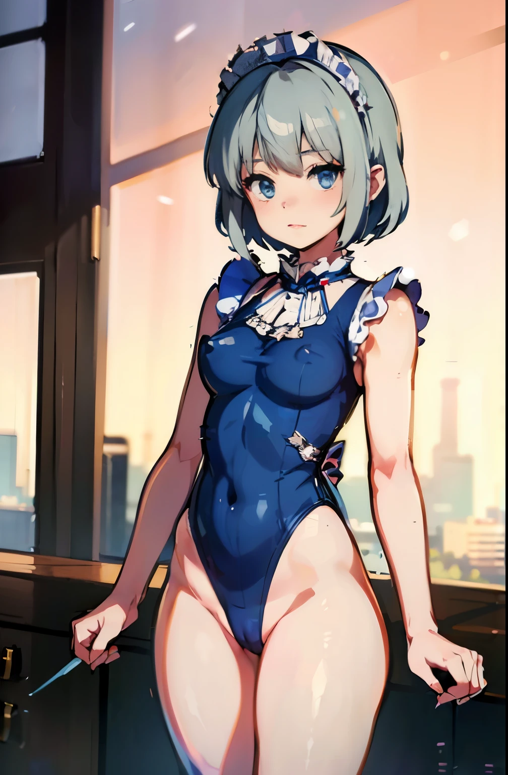 ((Sixteen Nights)), ((Touhou Project)), Cosplay, 20-year-old woman, (((Gray hair)), ((Medium spiky hair)), ((Blue maid uniform-style leotard)), ((White blouse)), midchest, (light)))), (Pose))), (photographrealistic: 1.3), rim lighting, (High Detail Skin:1.2), 8K UHD, Digital SLR, High quality, High resolution, 4K, 8K, Bokeh, absurdity, Best ratio four fingers and one thumb, (Real:1.3), Cute One Girl, Lots of knives